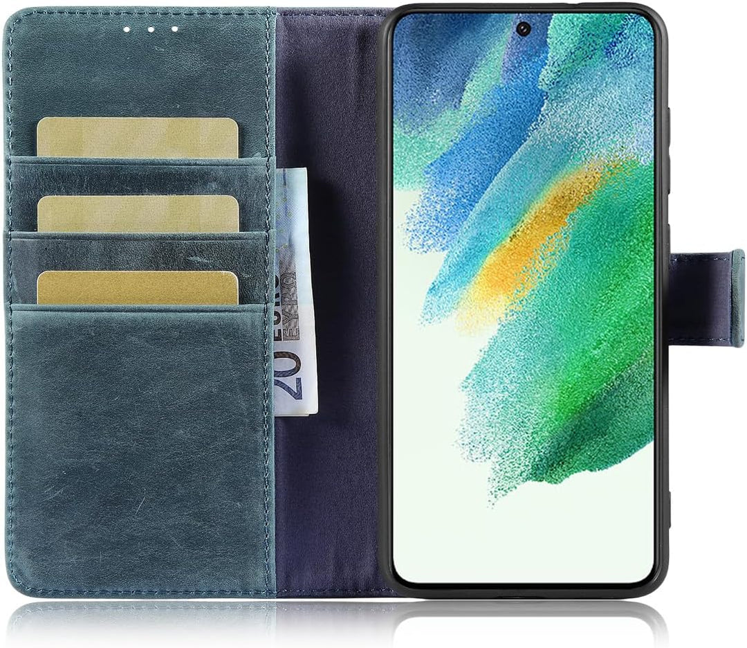 LENSUN Echtleder Hülle für Samsung Galaxy S21 FE 5G, Handyhülle Echt Leder [3 Kartenfächer][RFID Sch