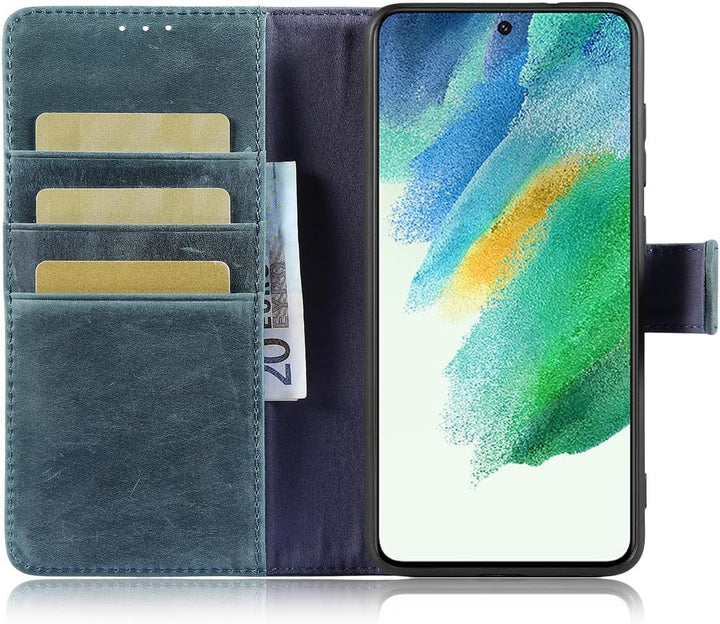 LENSUN Echtleder Hülle für Samsung Galaxy S21 FE 5G, Handyhülle Echt Leder [3 Kartenfächer][RFID Sch