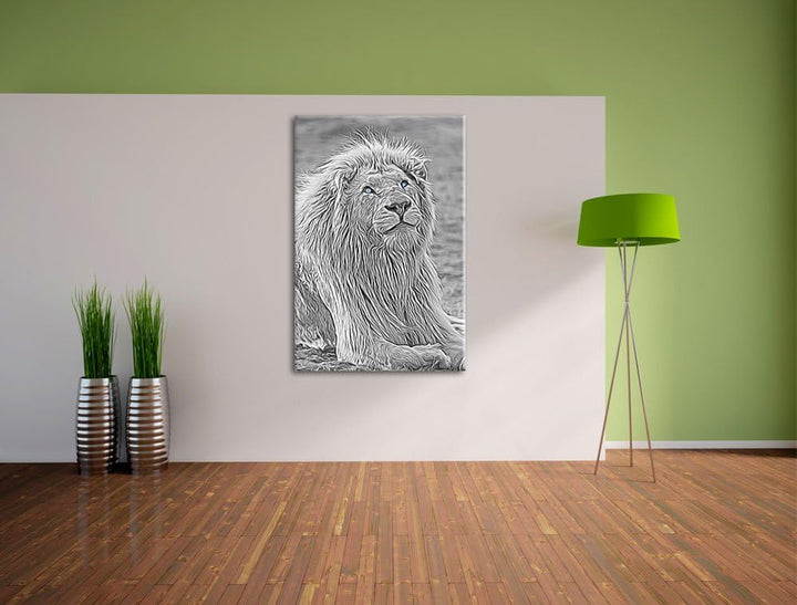 anmutiger weisser Löwe schwarz/weiss Deluxe Format: 100x70 cm auf Leinwand, XXL riesige Bilder ferti