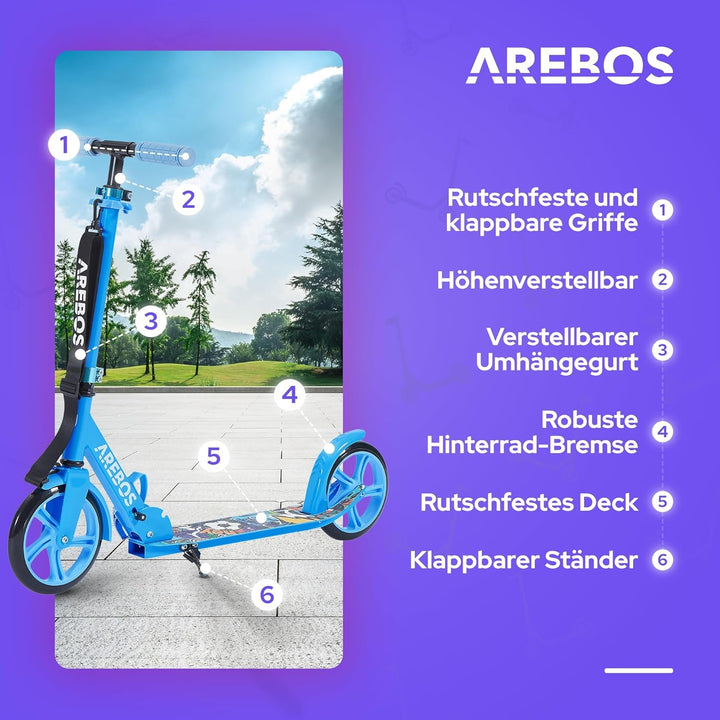 Arebos Cityroller Tretroller Scooter höhenverstellbar | klappbar | inkl. Traggurt | XXL Räder | Trit
