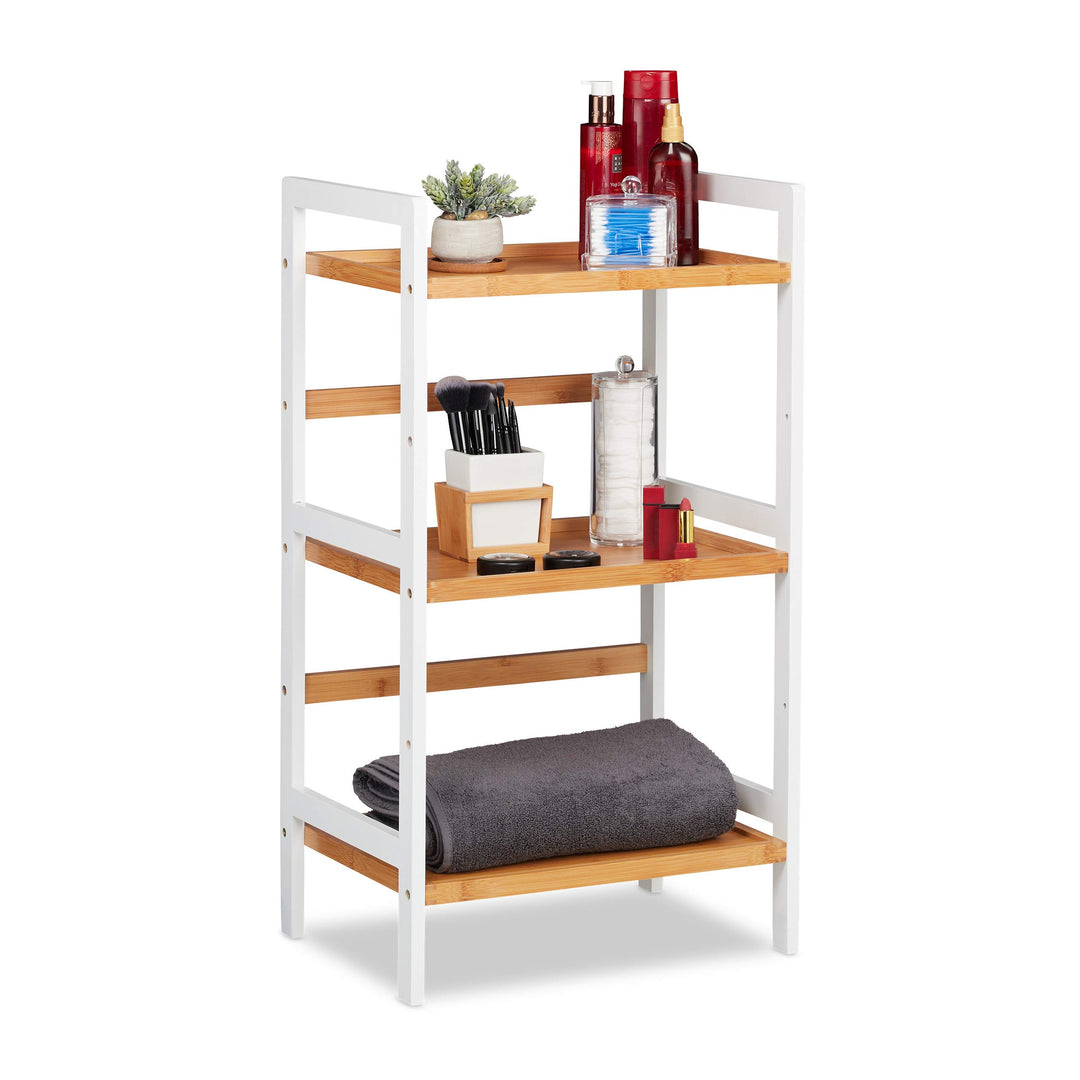 Relaxdays Badregal, Ablagen für Kosmetik, Handtücher & Utensilien, Bambusregal Badezimmer, HBT 80x45