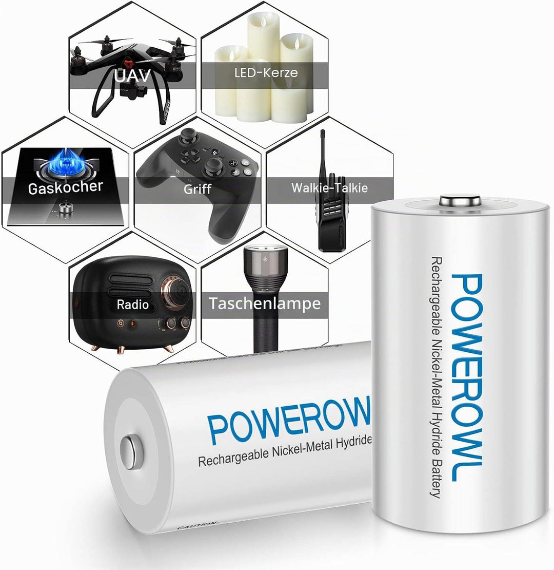 POWEROWL D Akku Mono 1.2V 10000mAh Wiederaufladbar D Batterien mit Geringer Selbstentladung & Vorgel