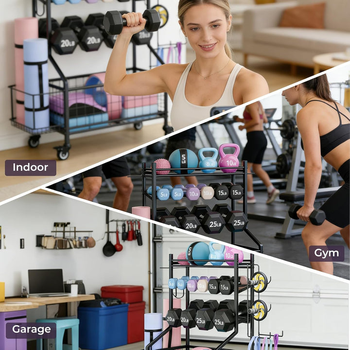 4-stufiges Hantelregal, multifunktional &amp; breitenverstellbar, Aufbewahrung für Hanteln, Kettlebells,