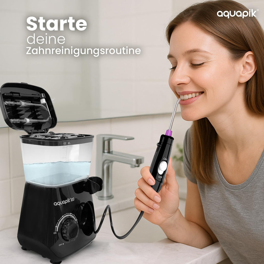 Aquapik® 100 professionelle Munddusche | Plaqueentferner + von Zahnärzten empfohlen | 8 Düsen, 10 Dr