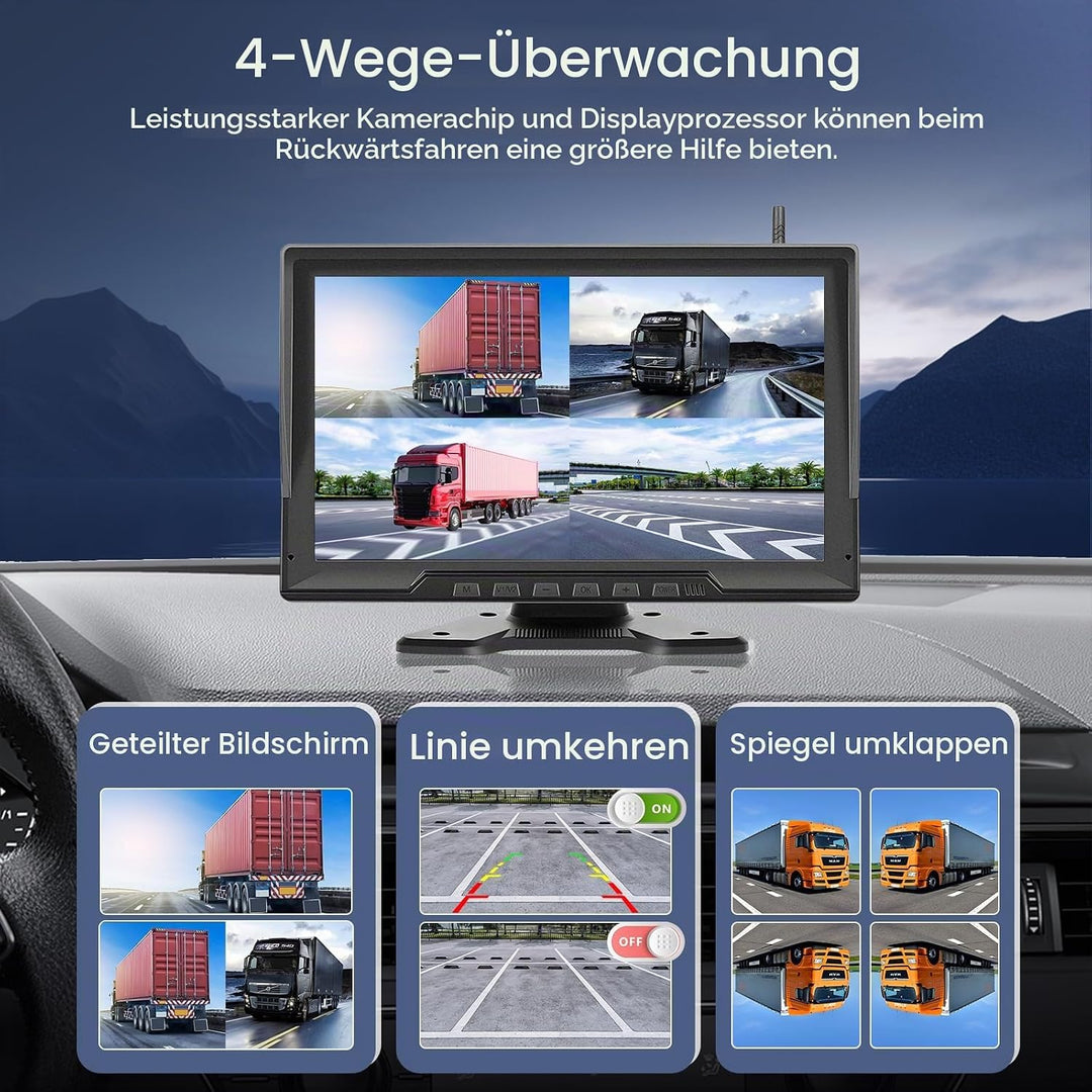 Hodozzy Digitale Kabellos Rückfahrkamera 4 Kameras,10,1 Zoll IPS HD Rückfahrmonitor mit Geteiltem Bi