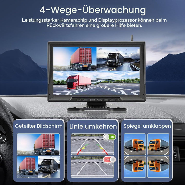Hodozzy Digitale Kabellos Rückfahrkamera 4 Kameras,10,1 Zoll IPS HD Rückfahrmonitor mit Geteiltem Bi