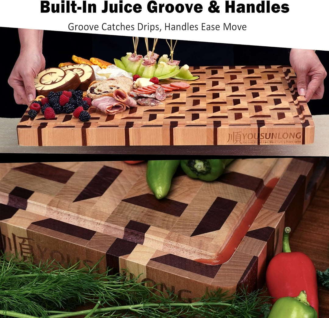 YOUSUNLONG Stirnholz-Schneidebrett - 3D-Zickzackmuster Walnuss & Ahorn-Butcher Block XXL-Bruststückb