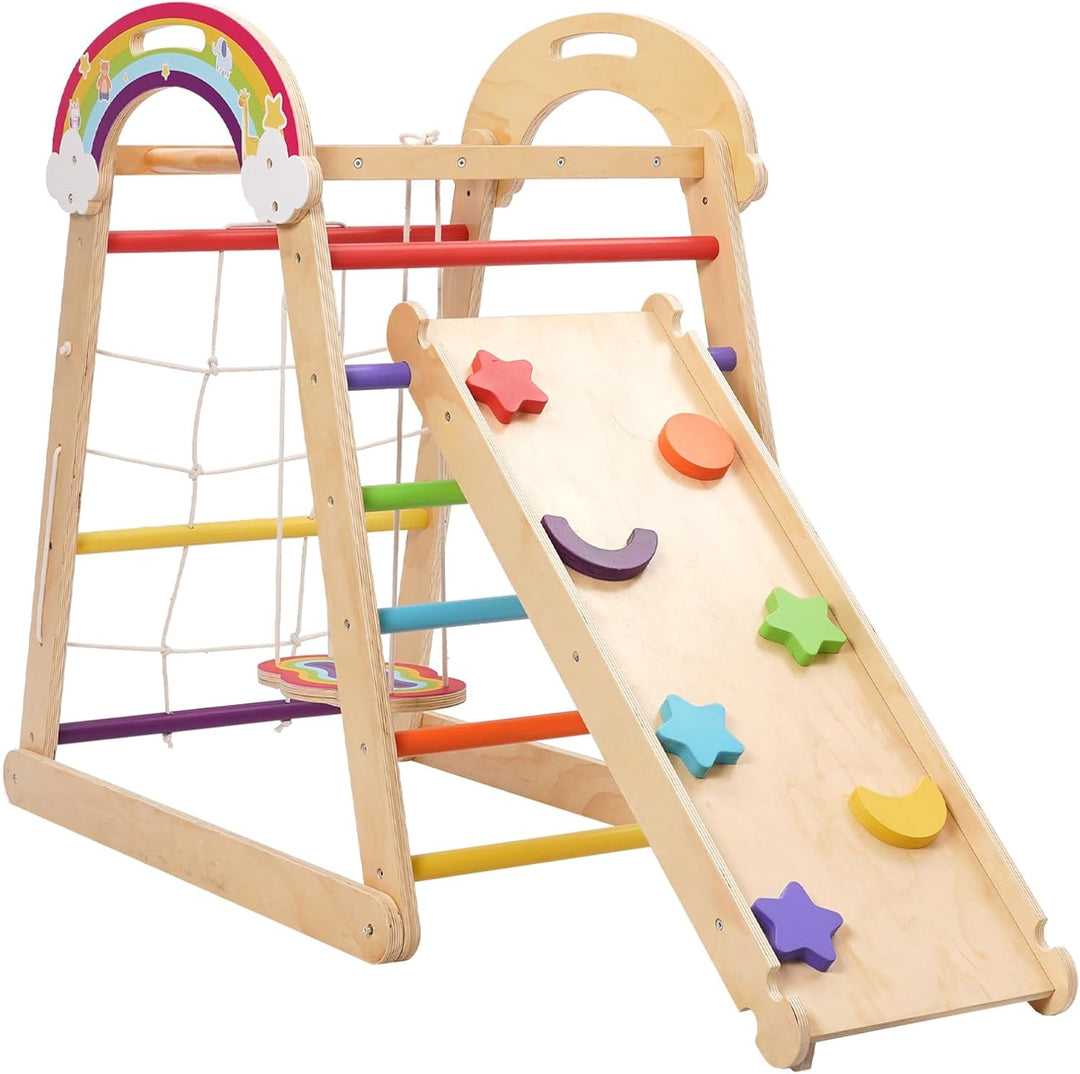 Montessori Klettergerüst, 5 in 1 Indoor Spielplatz für Kinder, mit Schaukel, Bogen, Rutsche und Klet