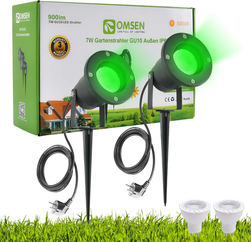 OMSEN Gartenstrahler LED Erdspiess GU10 7W Grün 230V, Robuste IP67 Wasserdicht Gartenleuchte, Austau