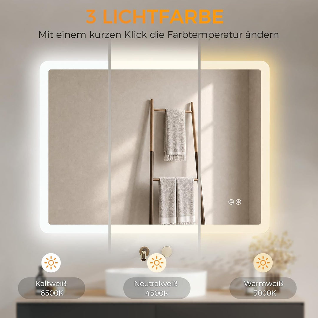 IMPTS Badspiegel mit Beleuchtung Antibeschlag LED Spiegel Bad Dimmbar 3000K-6500K 3 Lichtfarben Bade