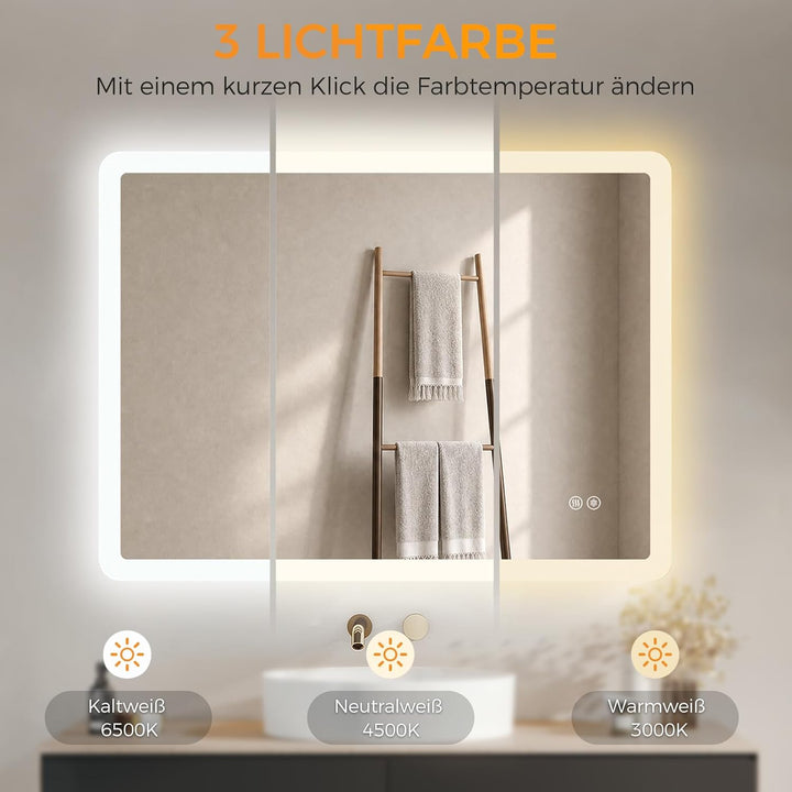 IMPTS Badspiegel mit Beleuchtung Antibeschlag LED Spiegel Bad Dimmbar 3000K-6500K 3 Lichtfarben Bade