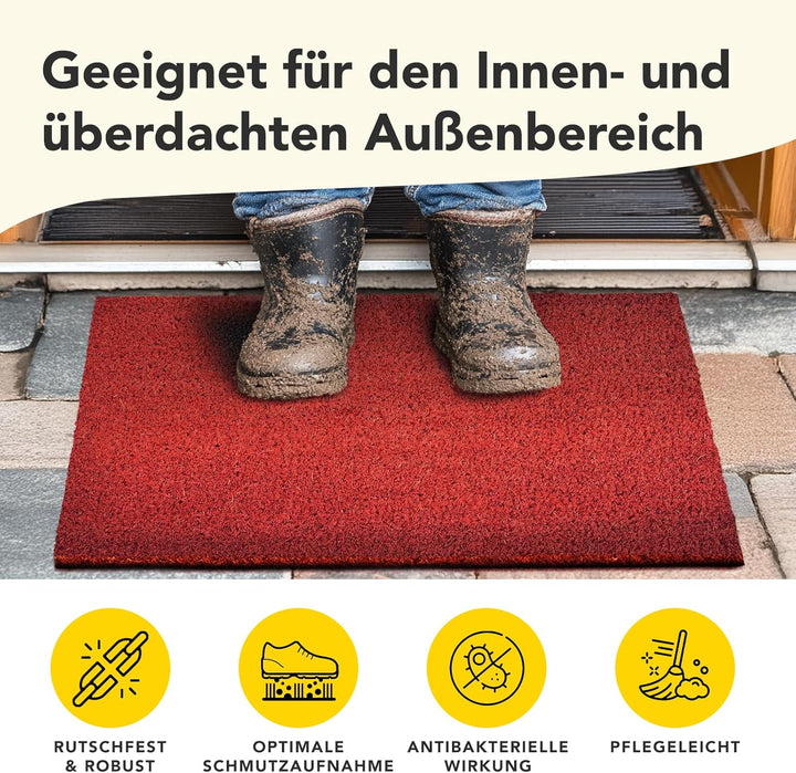 Floordirekt Fussmatte für Innen und Aussen, 100x100 cm Rot, Türmatte aus Kokos, Schmutzfangmatte für