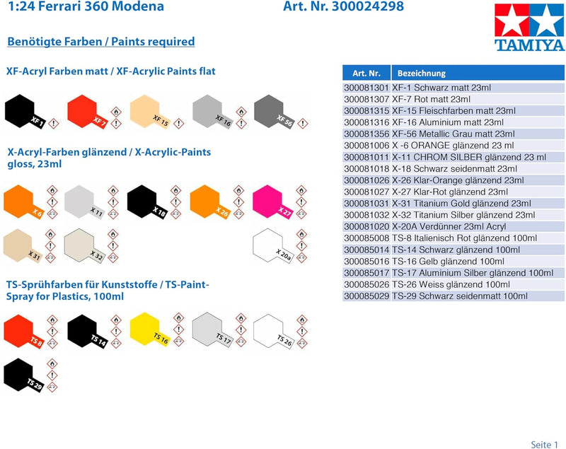 TAMIYA TMYTAM24298 300024298 1:24 Ferrari 360 Modena, originalgetreue Nachbildung, Modellbau, Plasti
