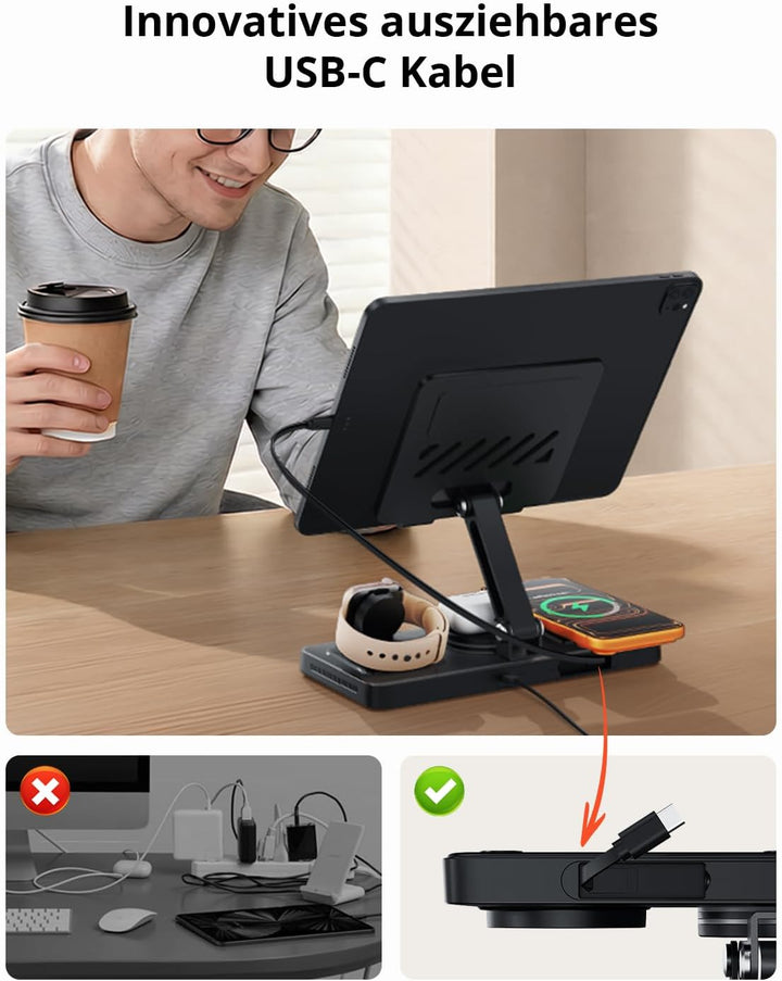 GEEKERA 4-in-1 Ladestation für Apple, Eingebautes einziehbares Ladekabel für iPad, Magnetisch Indukt