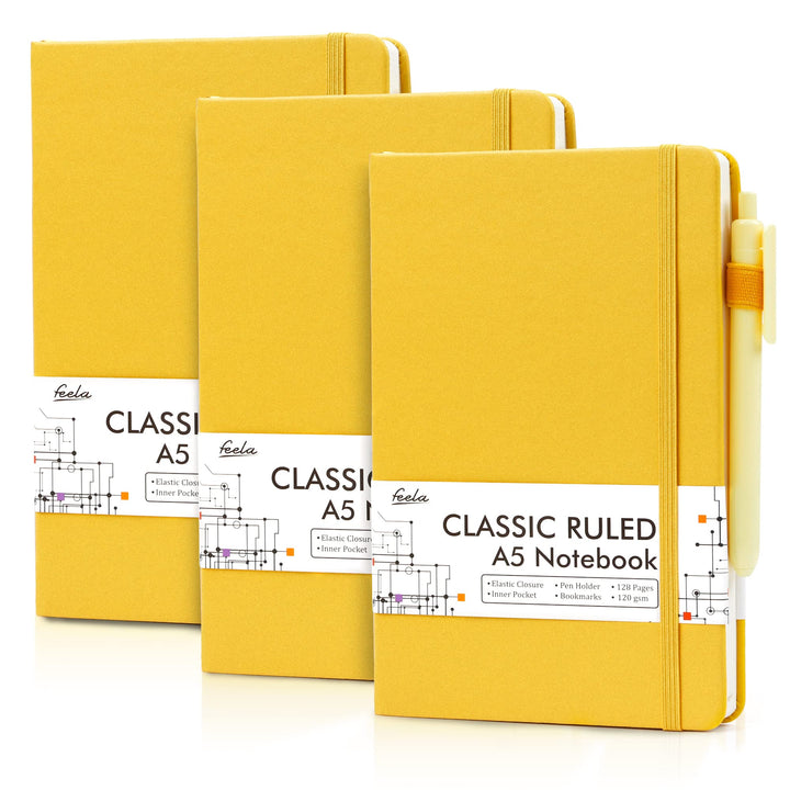 feela Notizbuch A5 liniert Hardcover, 3 Notizbücher Set, Journal Buch mit 3 Gelstifte schwarz, 120 G