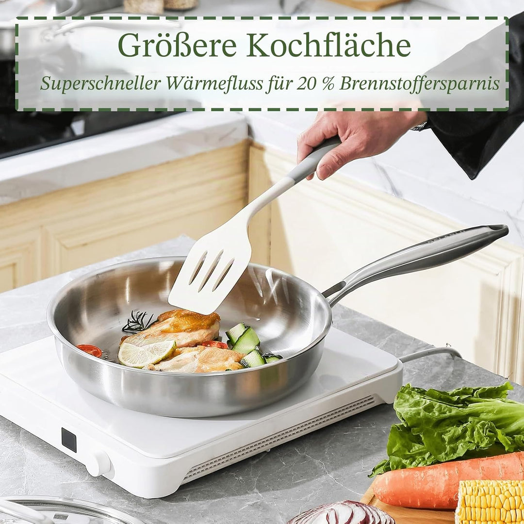 Dreilagige Edelstahl Bratpfanne mit Deckel 22cm,Edelstahlpfanne Unbeschichtet,Induktions Pfanne,Hoch