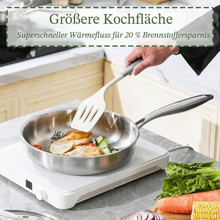 Dreilagige Edelstahl Bratpfanne mit Deckel 22cm,Edelstahlpfanne Unbeschichtet,Induktions Pfanne,Hoch
