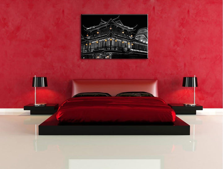 Dark traditionelles chinesisches Haus schwarz/weiss auf Leinwand, XXL riesige Bilder fertig gerahmt