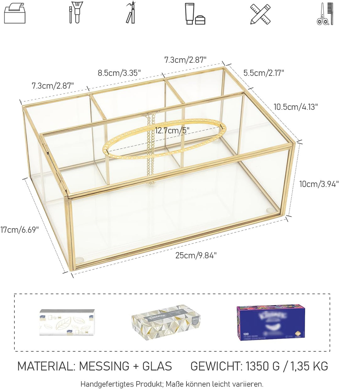 SLHEQING Make up Organizer Beauty Organizer Tray Schmuck Pinselhalter Gold, Glas Kosmetikbox, Klar D