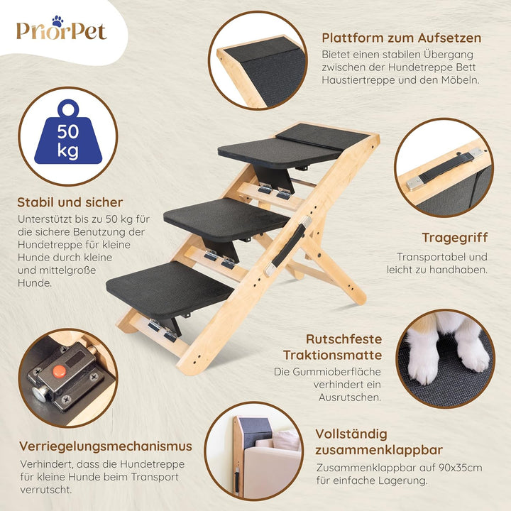Hundetreppe für Bett & Sofa 2-in-1 Rampe - Höhenverstellbar bis 18-50 cm - für Kleine Hunde - leicht