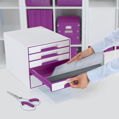 Leitz CUBE Schubladenbox mit 5 Schubladen, Weiss/Violett, A4, Inkl. transparentem Schubladeneinsatz,