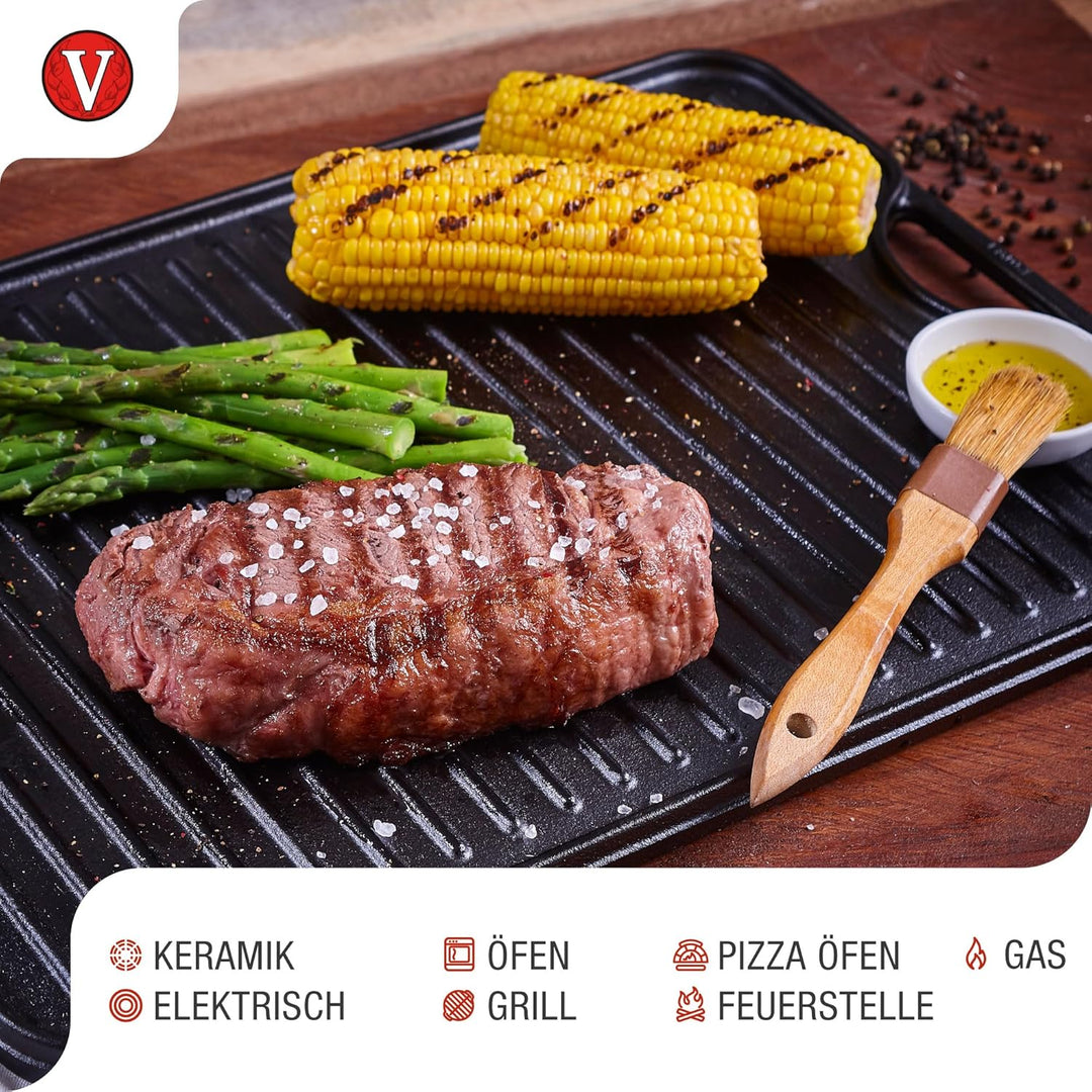 VICTORIA Grillplatte Emailliertes Gusseisen Grillpfanne 33 X 21cm Doppelseitig Verwendbar, für Feuer