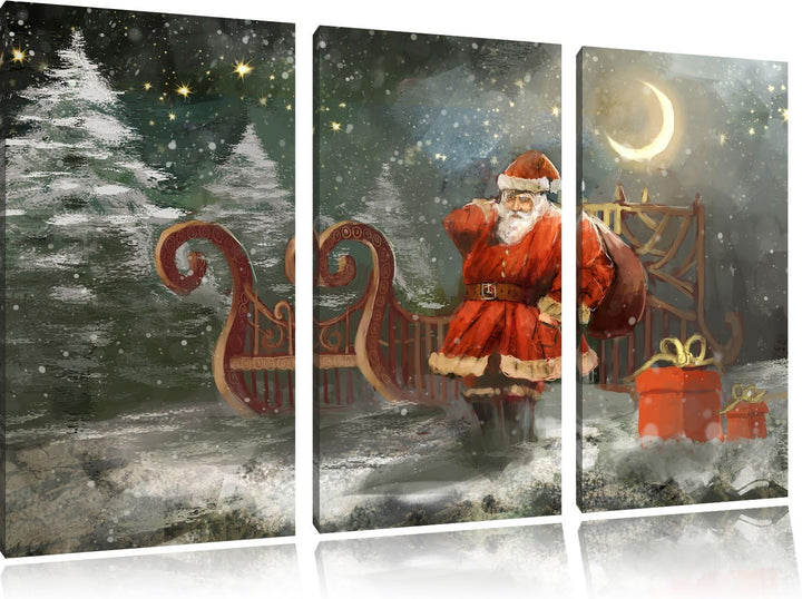 Pixxprint Weihnachtsmann mit Geschenken als Leinwandbild/Grösse: 3 Teilig (120x80 cm) / Wandbild/Kun