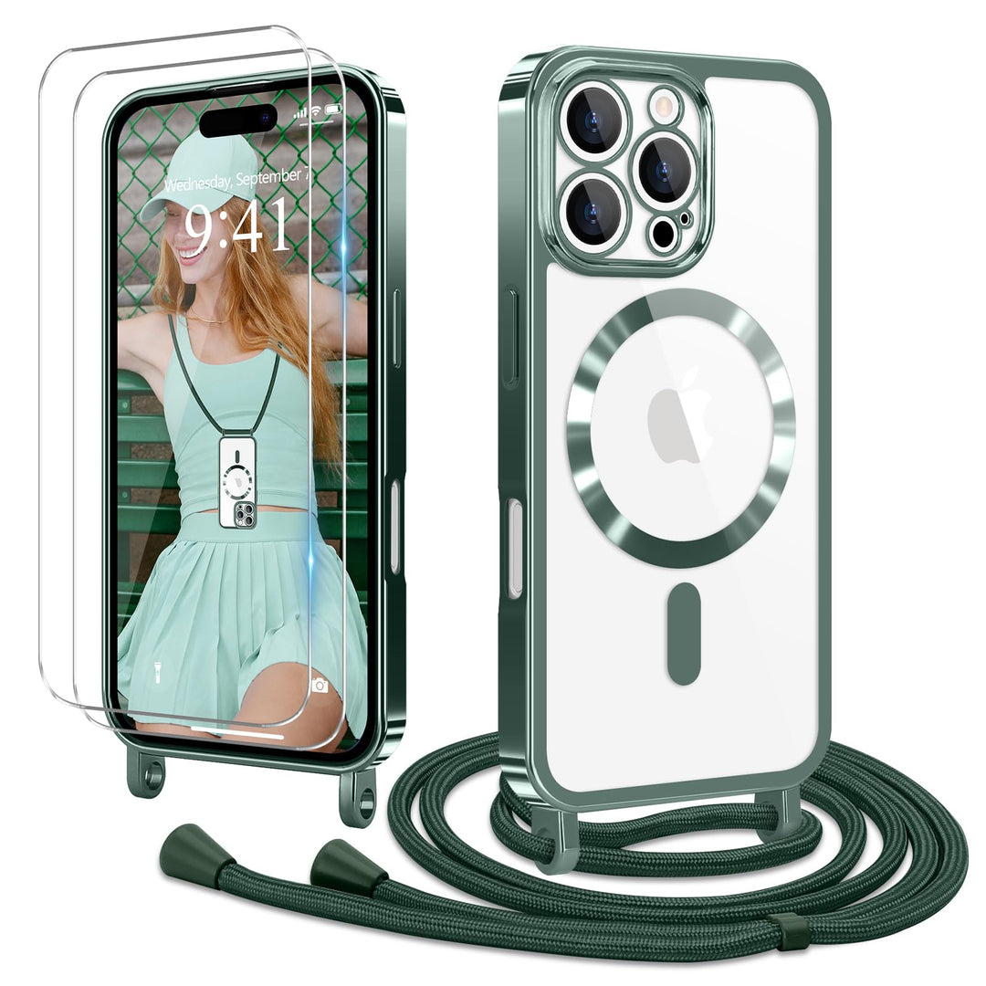 Handyband für iPhone 16 Pro Hülle mit Band + 2 Stück Glas Schutzfolie Transparent Silikon Handyhülle