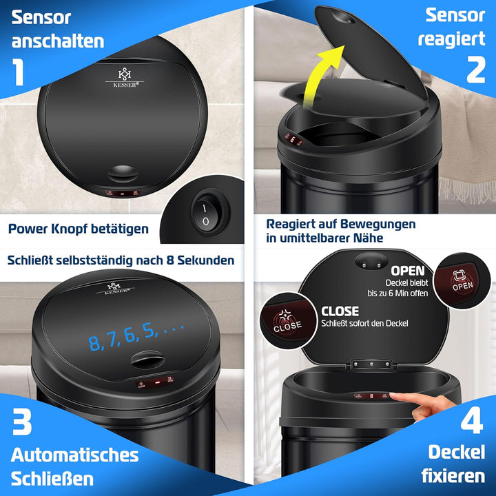 KESSER Sensor Mülleimer ✓ Automatik ✓ Abfalleimer ✓ Abfall | Edelstahl | 56 Liter SCHWARZ, 56 Liter