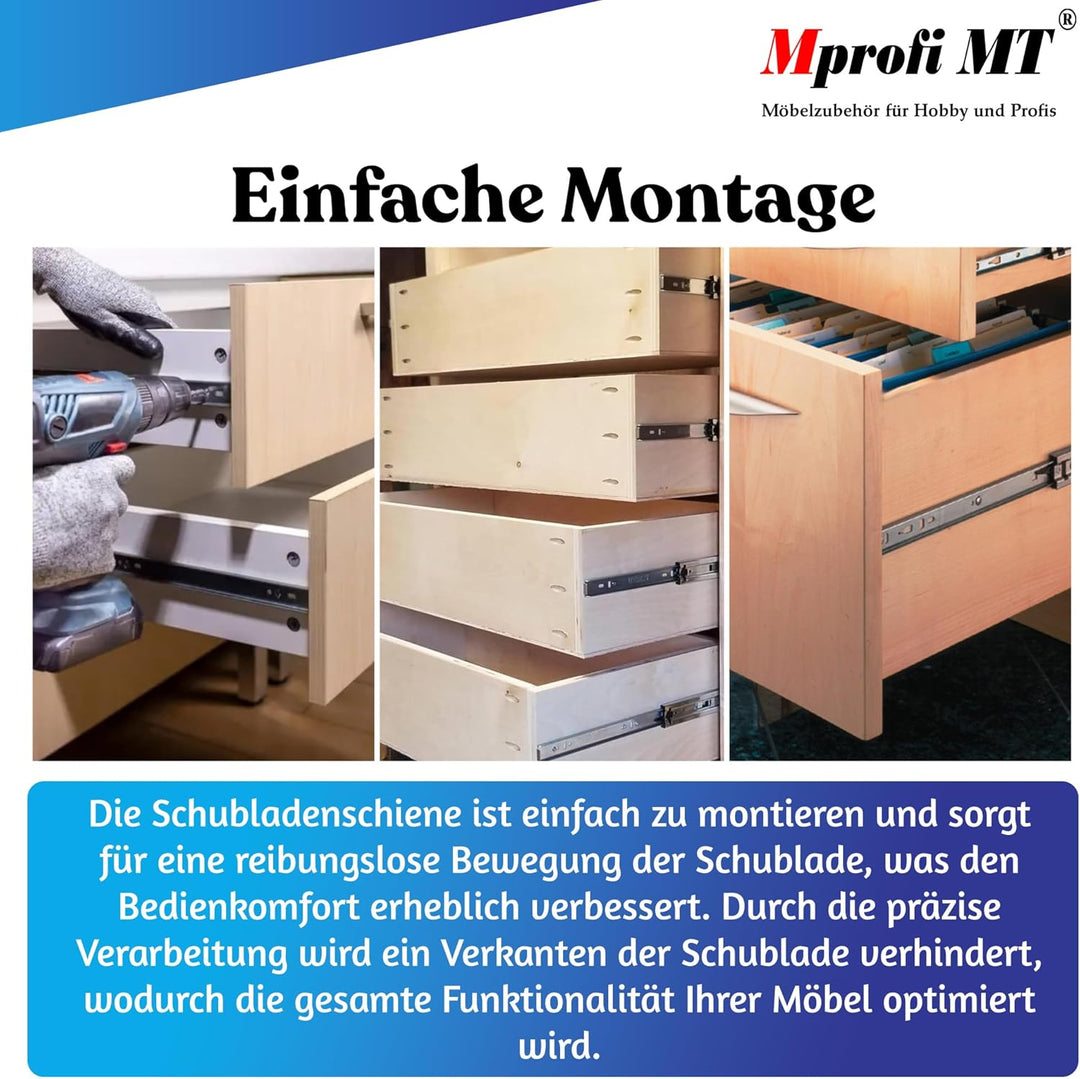 Mprofi MT® 2 Stück, 1 Paar | Schubladenschienen Teilauszug 27mm Höhe, 450mm Länge | Robuste Schublad