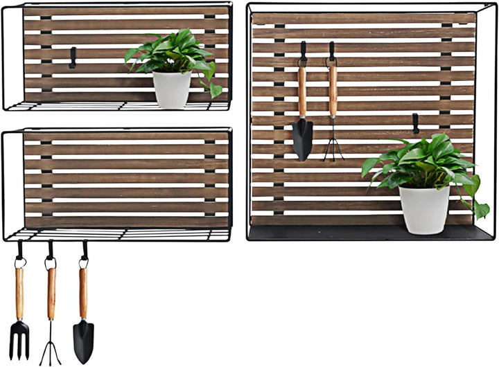 Cepewa Wandregal 3er Set S-Haken │ 2 Grössen Eisen Holz │ Regal Hängeregal Küchenregal Aufbewahrung
