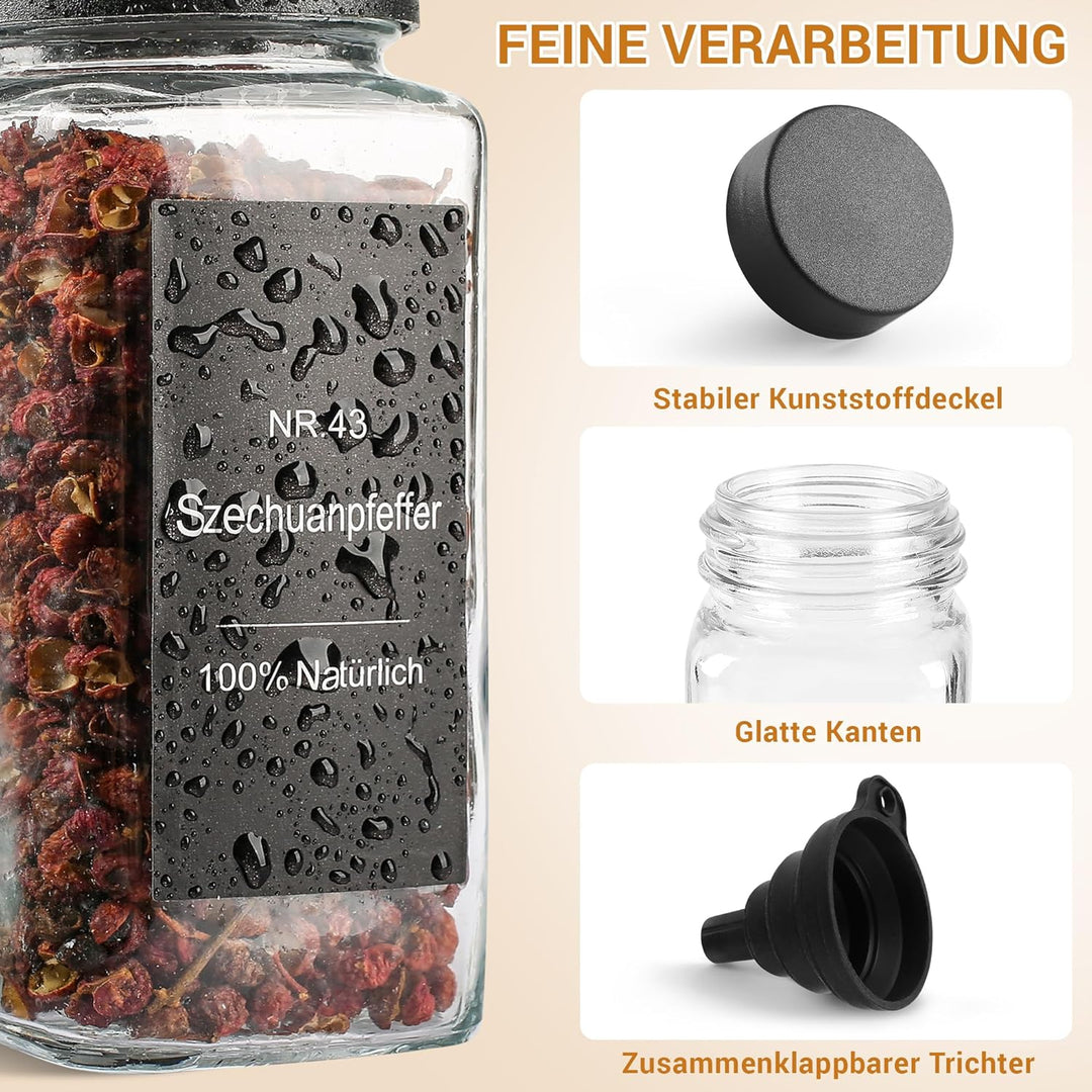 Gewürzgläser Eckig Set 24er - Gewürzdosen Glas 120ml mit Etiketten & Streueinsatz - Gewürzbehälter f