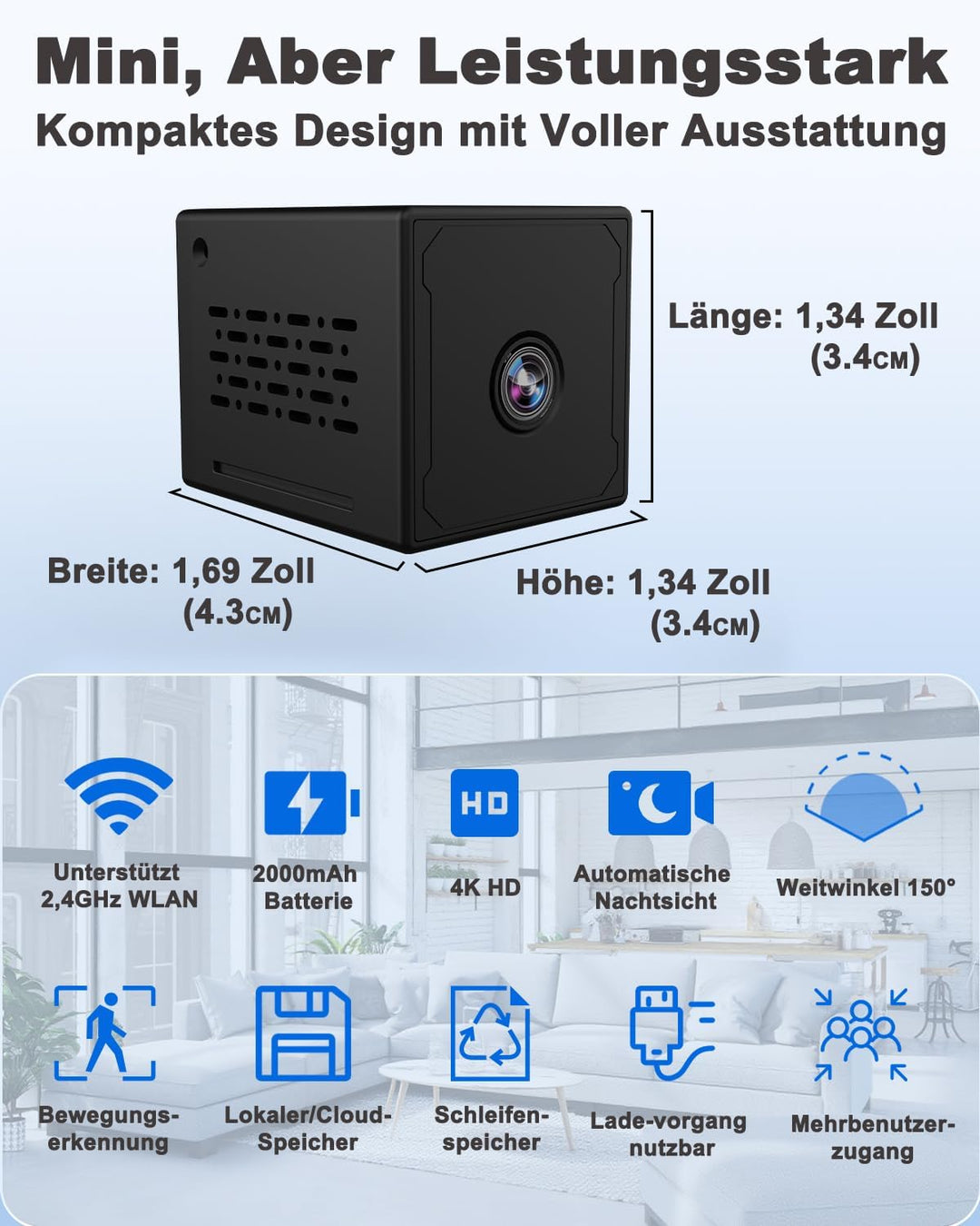 Mini Kamera, 4k Ultra HD Kamera Überwachung Innen mit 64GB Speicherkarte, WLAN/AP Hotspot/Ohne WLAN