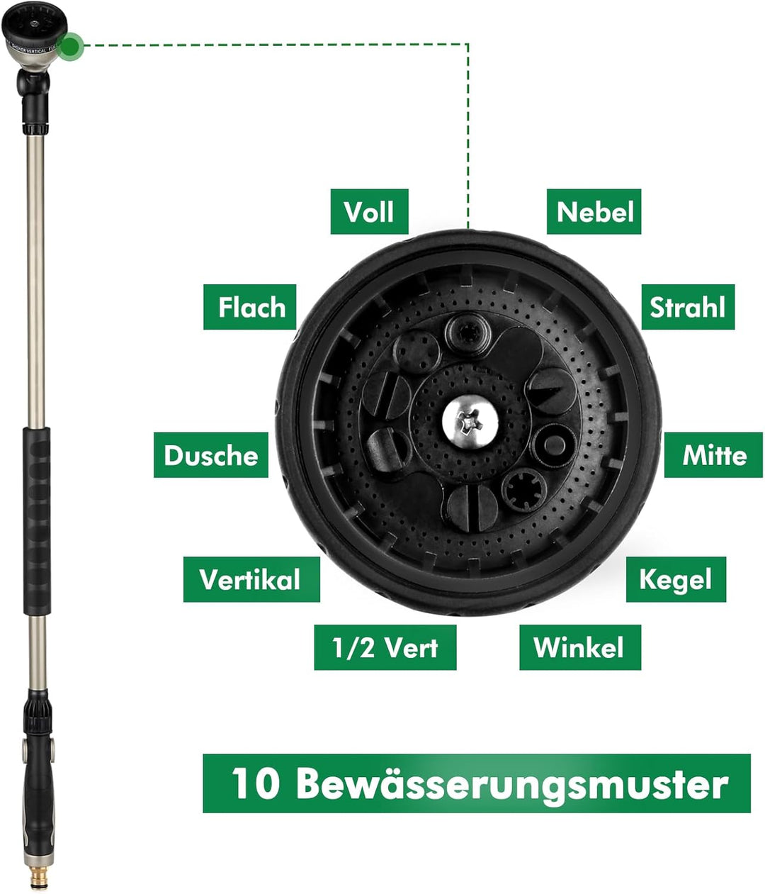 RESTMO 92 cm Untra Langer Giessstab, Gartenbrause Metall mit 180° schwenkbaren Kopf | 10 Sprühmuster