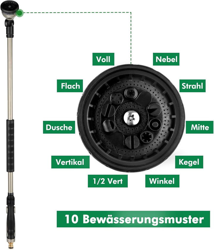 RESTMO 92 cm Untra Langer Giessstab, Gartenbrause Metall mit 180° schwenkbaren Kopf | 10 Sprühmuster