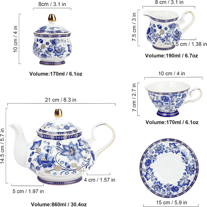 fanquare Blau Blume Porzellan Teeservice mit Metallständer, Vintage Porzellan Kaffeetasse und Untert