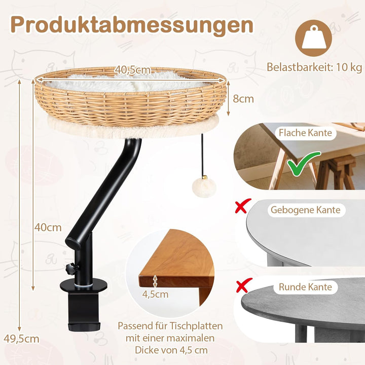 COSTWAY Katzenbett für Schreibtisch, Katzenkorb aus PE-Rattan, 360° drehbar, Katzen Schreibtischbett