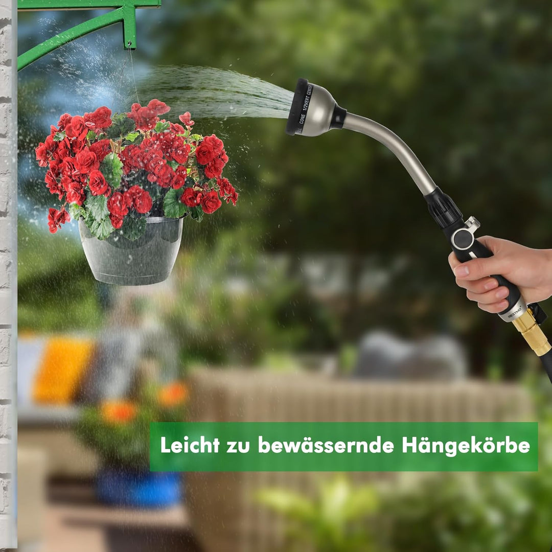 RESTMO 42cm Garten Giessstab Metall, Robuste Gartenbrause mit 10 Sprühmustern | Daumenflusskontrolle