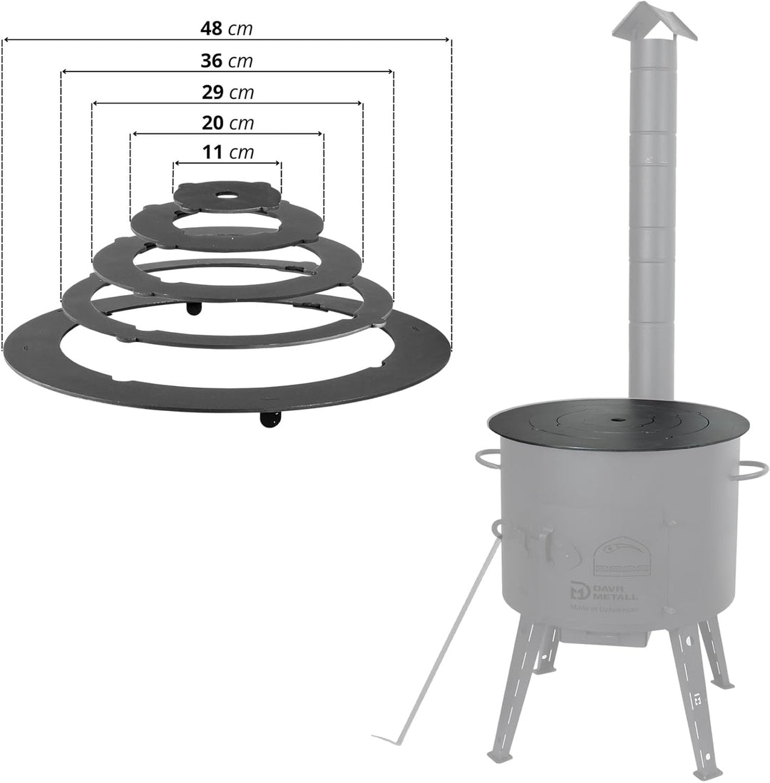 4BIG.fun Utschak Ø44 Uchag Eintopfofen mit Schornstein Abzugsrohr Utschag Campingofen Adapter-Ringe
