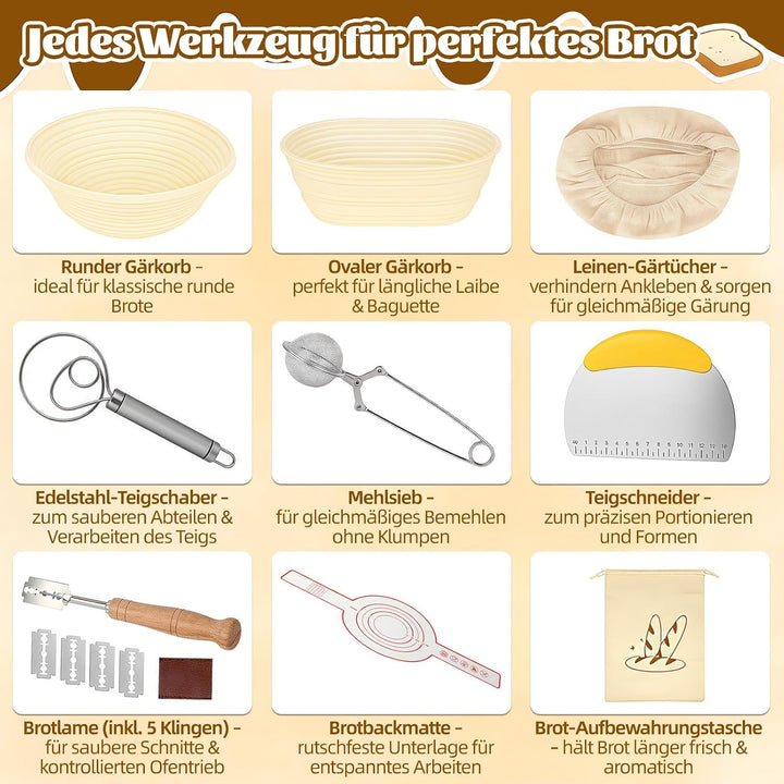 Gärkörbchen Set, Brot Backen Zubehör, 23cm Rund &amp; 25cm Oval Gärkorb