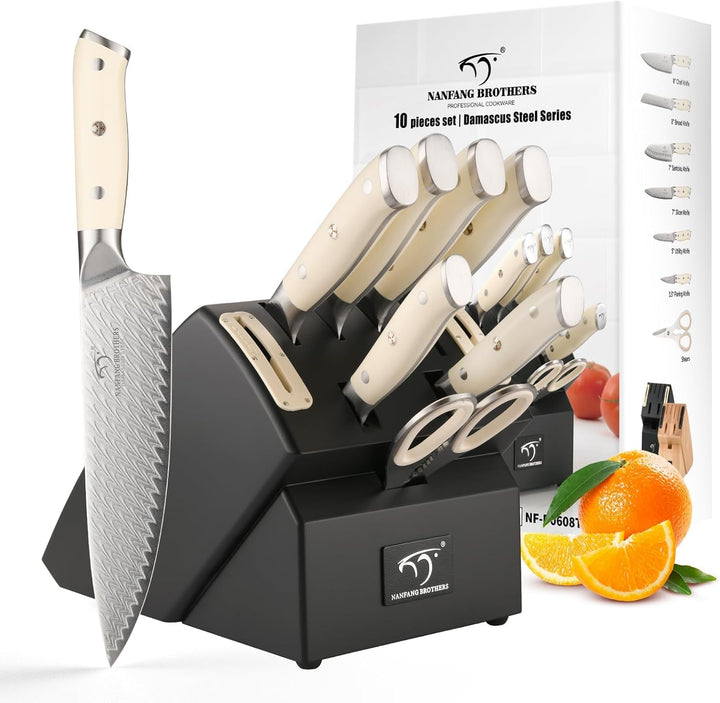 NANFANG BROTHERS Kochmesser Set 10 PCs Damaszener mit Block | VG 10-Kern Stahl, ABS Ergonomischer Gr