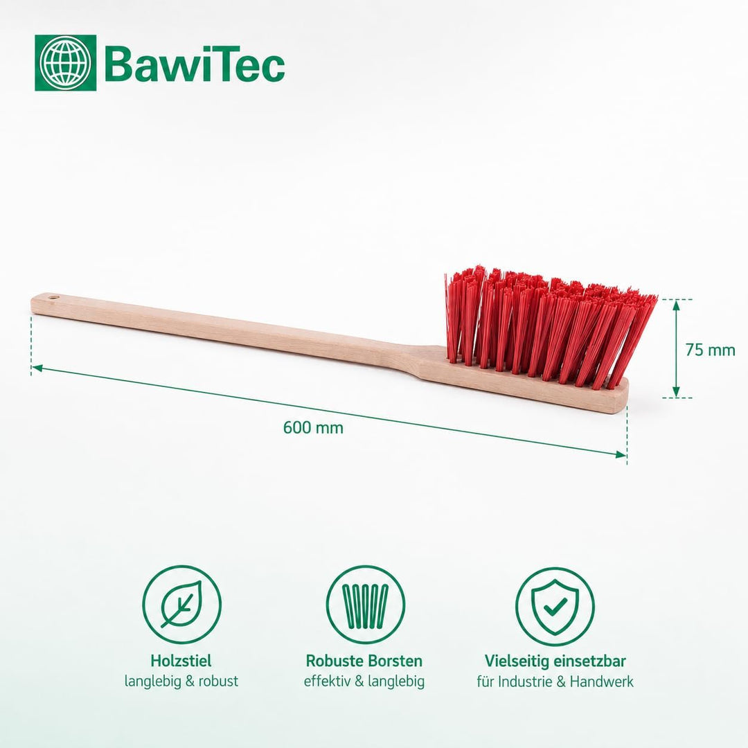 BawiTec Qualitäts Langstiel Handfeger,1 Stück,Länge 60cm,robuste rote Elaston-Kunststoff-Borsten,Hol