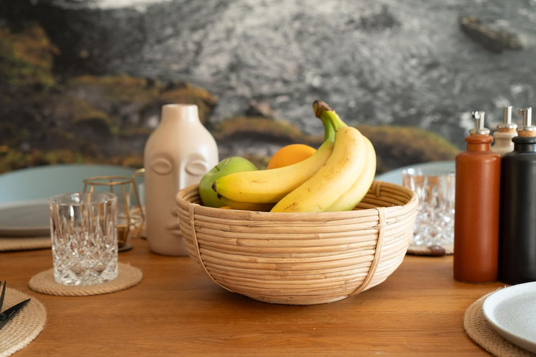 Decorasian Obstkorb geflochten rund aus Rattan - Obstschale gross - als Brotkorb BZW. Brötchenkorb o
