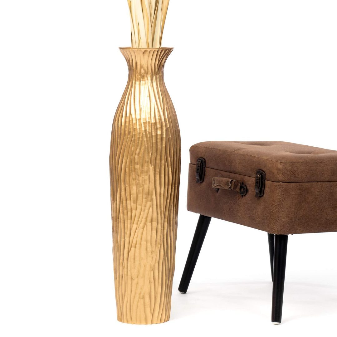Leewadee Grosse Bodenvase für Dekozweige hohe Standvase Design Holzvase, Holz, 70 cm, golden 70 cm G