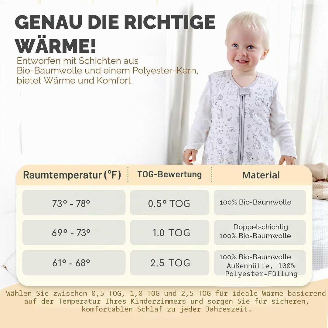 Baby Schlafsack mit Füsse 1.0 TOG, Ganzjahres Schlafsack, Bio-Baumwolle Baby Schlafsäcke ohne Ärmeln