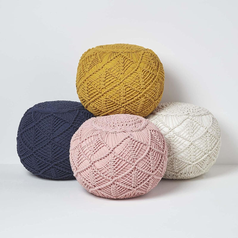 Homescapes Häkel-Pouf, dunkelblau, rundes Bodenkissen 35 x 40 cm in Boho Style, dekorativer Fusshock