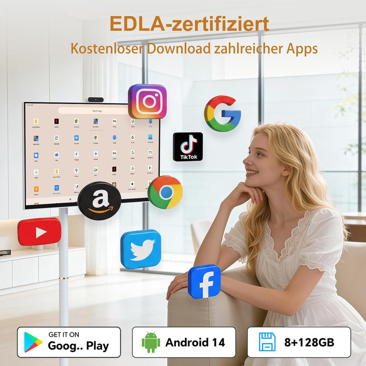 32 Zoll 4K Smart Portable TV | Touchscreen-Monitor auf Rädern | EDLA-Zertifiziert & Android 14 | 8+1