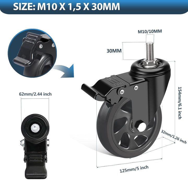 IQWTU Lenkrollen 125MM mit Bremse, 4 Stück Möbelrollen mit M10 x 1,5 x 30mm Schraube, Schwerlastroll