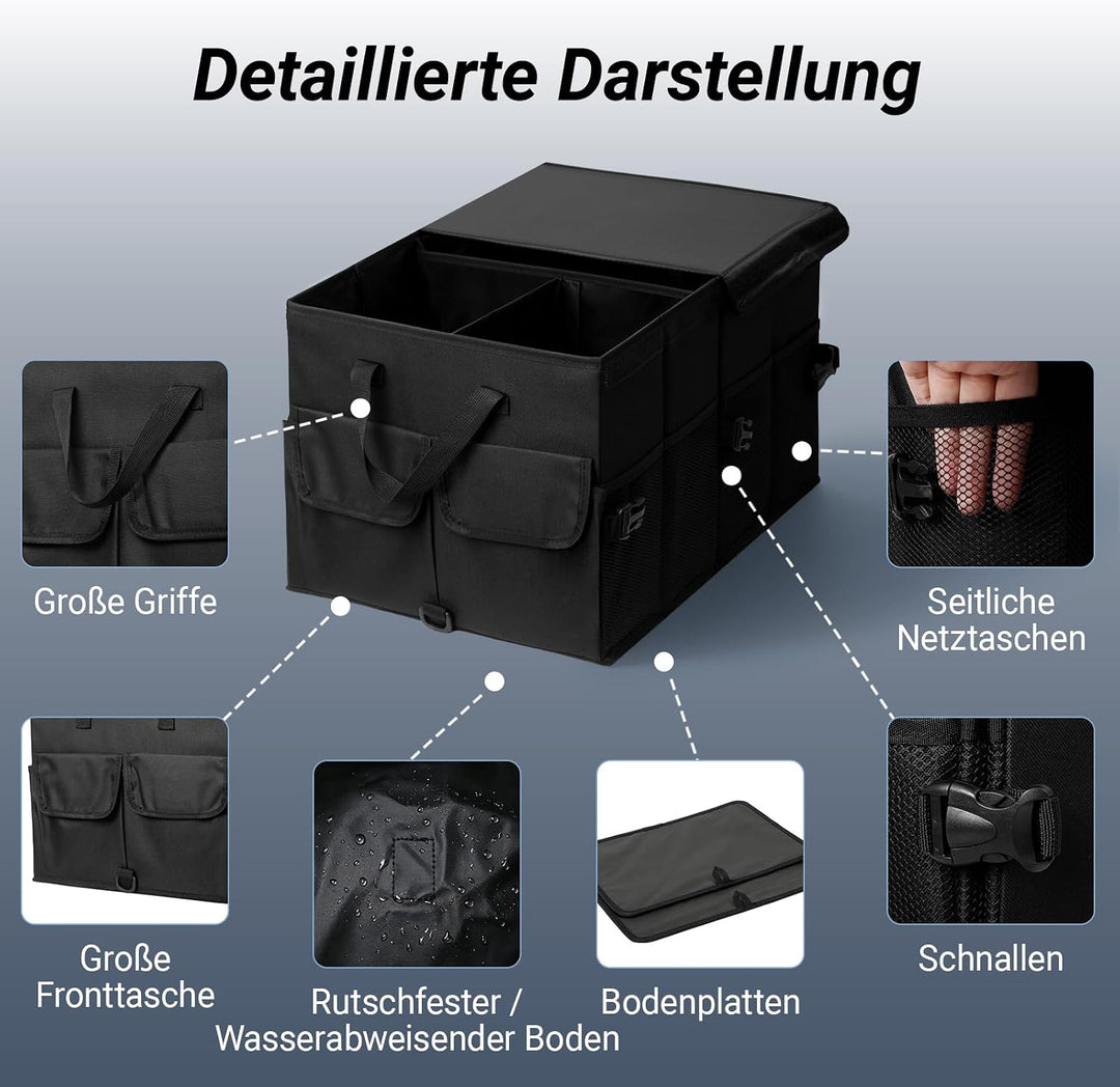 Kofferraum Organizer mit Deckel, Kofferraumtasche Faltbar & Rutschfest, Auto Aufbewahrungsbox Stabil