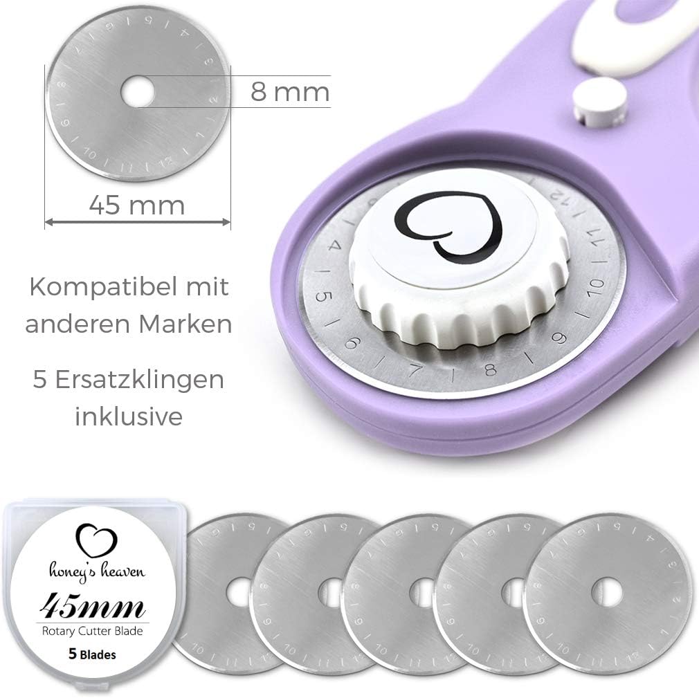 Honey's Heaven 45 mm Rollschneider Stoffschneider Set inkl. Schneideunterlage, Ersatzklingen, Stoffk